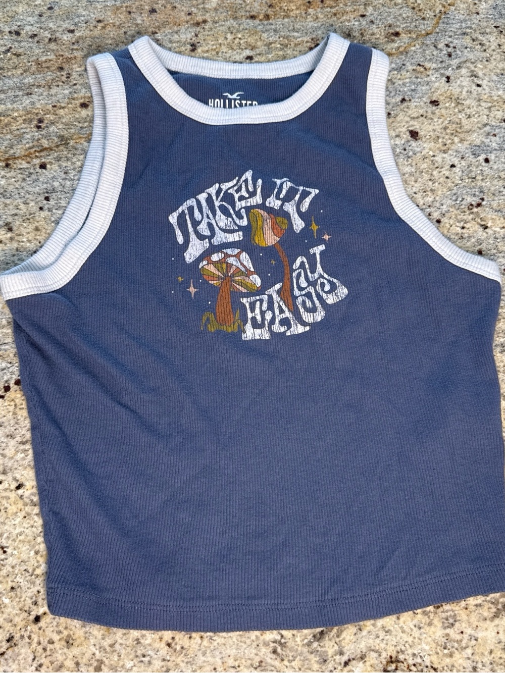 Hollister Navy Ribbed Crop Tank with Mushroom Graphic and White Trim